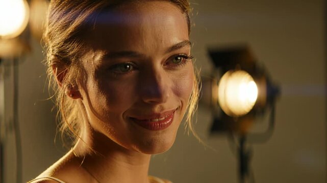Smiling model in sleeveless shifting to tender gaze for studio portrait, camera rolling, two lights