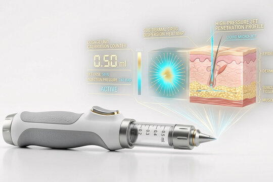 Needleless jet injector vaccine device with holographic fluid velocity jet stream and epidermal penetration depth logs