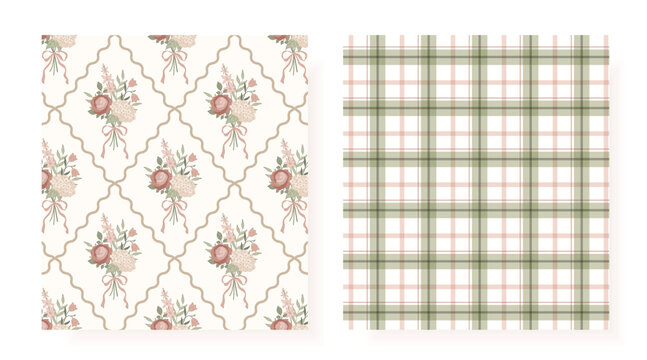 Coordinated seamless vector pattern set featuring romantic floral bouquets on trellis background with matching plaid design. Grandmillennial inspired collection for fabric, wallpaper, wrapping paper, 