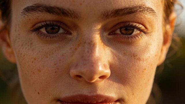 Blinking freckled woman closing and opening eyes in outdoor foliage, warm sun causing brief blink