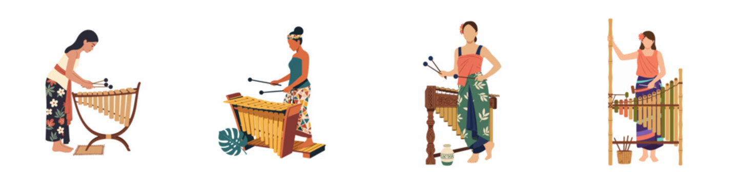 Set of Southeast Asian Women in Traditional Dress Playing Ethnic Percussion Instruments Like Gamelan and Xylophones, Flat Vector Illustration.