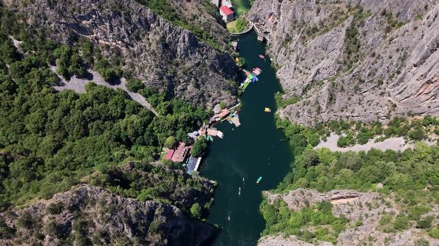 Matka Canyon river flowing through steep mountains and Matka Dam near Skopje, North Macedonia