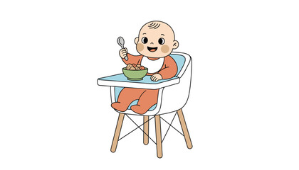 Fototapeta premium Cute cartoon baby boy sitting in a white high chair and happily eating food from a green bowl with a spoon.