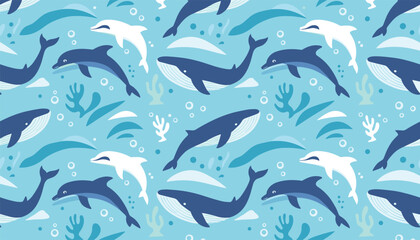 Naklejka premium Sea life seamless pattern with swimming whales and dolphins among seaweed and bubbles on light blue background.