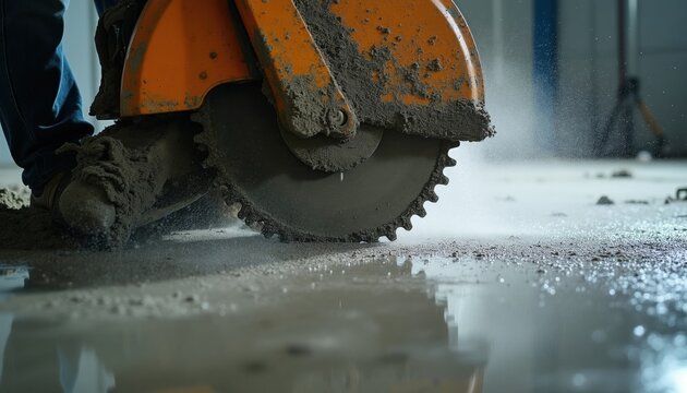 Construction worker cuts concrete floor with wet saw. Machine makes dust spray and water splashes during building renovation. Worker wears blue jeans and safety shoes on construction site.