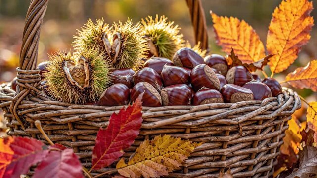 Wicker basket full of chestnuts and autumn leaves in golden light