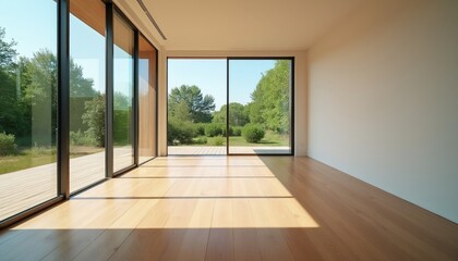 Fototapeta premium Empty modern room with large windows and light wood floor. Sunlight streams through glass walls revealing green trees and nature outside. Minimalist space, clean design, bright interior.