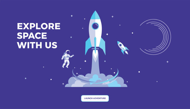 Space adventure landing page with a rocket launching into space and explore space with us tagline on blue background.