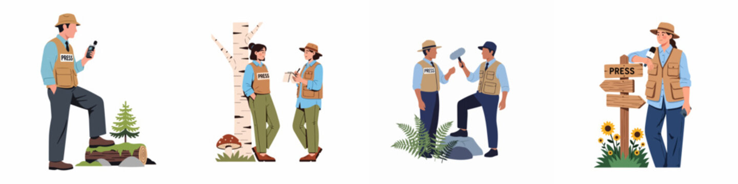 Set of journalists and press reporters working in nature, conducting interviews and field reporting in the forest, flat vector illustration.