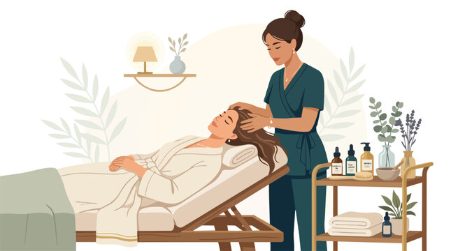 Professional Massage Therapist Giving Head Massage to Client in Spa Salon.
