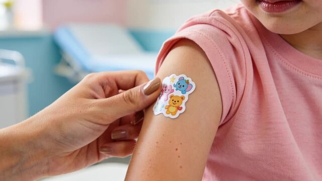 Reaching caregiver placing and smoothing animal sticker on child's upper arm in pink shirt clinic