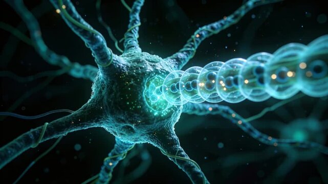 Propagating axon signal from hillock, neuron soma transmitting glowing beads along axon, copy space