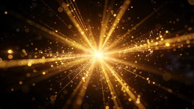 Bursting central golden core starting thin beams and glowing motes on dark void, creating warm glow