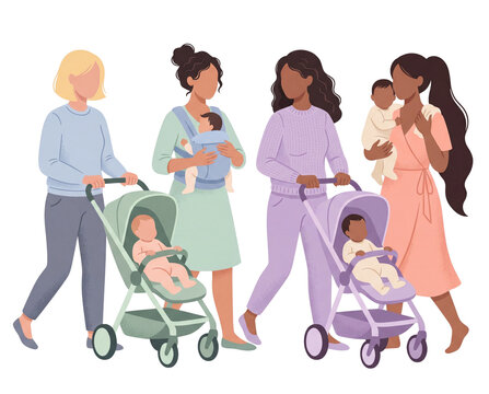 Motherhood illustration of mother's community walking together