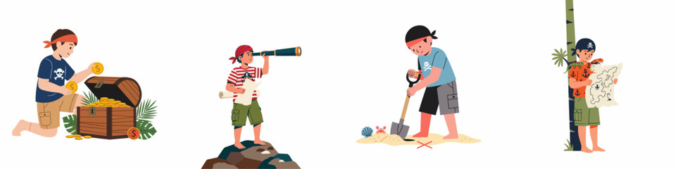 Set of pirate themed illustrations depicting young boys finding treasure, looking through a telescope, digging in sand, and following a map on an island.