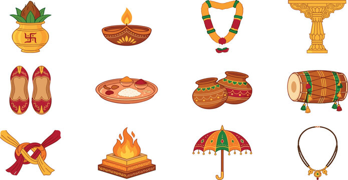 ndian wedding rituals icon set with kalash diya garland dhol pooja thali and traditional marriage ceremony elements flat vector illustrations for invitation designs