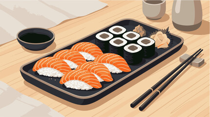 Sushi plate with salmon sashimi and maki rolls on wooden table © mohsin