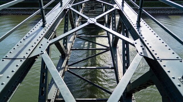 Pulling back after closeup, camera revealing central truss span over river, showing riveted plate