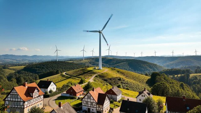 Pulling back camera panning outward, revealing white wind turbine framed by village roofs for vista