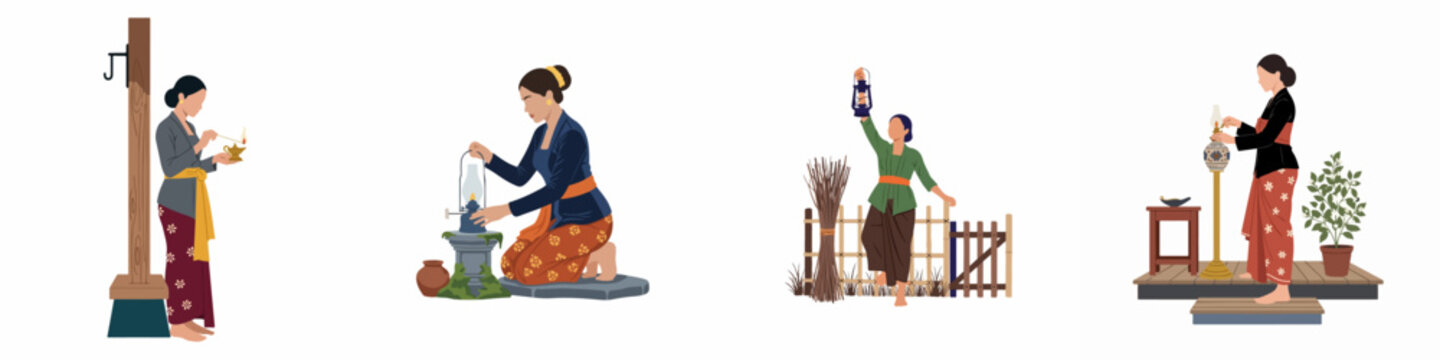 Collection of Javanese women in traditional kebaya and batik clothing lighting oil lamps and lanterns, flat vector illustration.