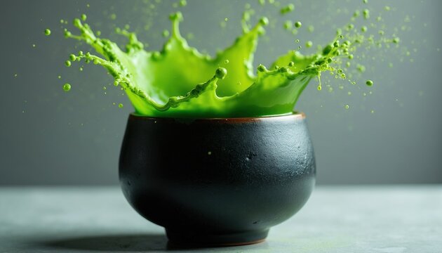 Black ceramic bowl overflows with vibrant green matcha tea splashing dynamically in midair. Tiny droplets scatter, creating a lively, energetic explosion of color and liquid.