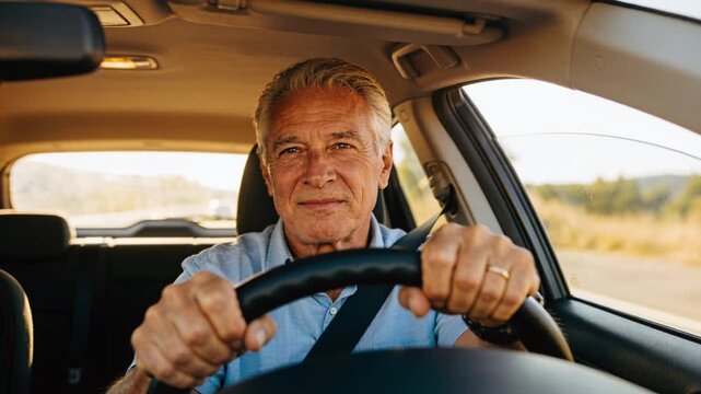Smiling senior driver adjusting steering as guardrail passes on sunlit roadway, seatbelt visible