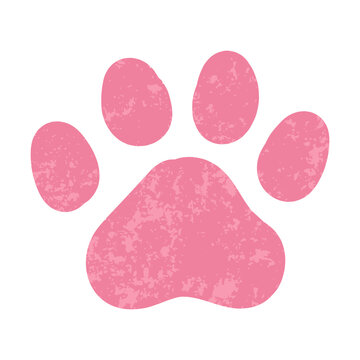 Cat paw print, grunge style in pink colors, isolated on white background. Cat or dog paw icon, rough textured style. Pet animal symbol