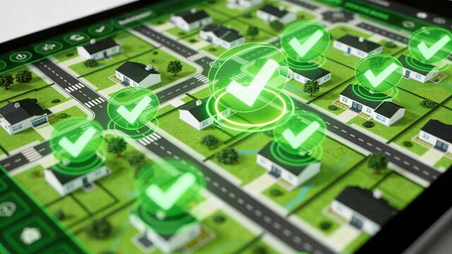Updating tablet map UI, showing growing green checks confirming houses on white desk with bezel