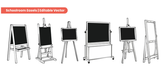 Schoolroom blackboard easel vector set of wooden chalkboard stands and educational boards isolated on white background, minimalist line art drawing for classroom, artist studio and school presentation © Dinali