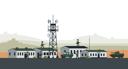 Obraz premium Military base illustration with soldiers, vehicle and tower