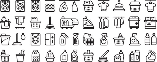 Naklejka premium Laundry and Cleaning Icons Set with Bottles, Baskets, Spray, Washing Machine and Iron, Black Line Art on White