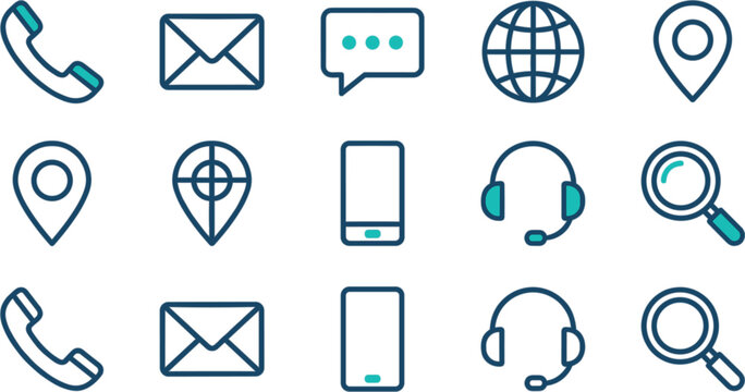 Contact us icon set for website and mobile application development including phone email chat global location smartphone customer support and search symbols
