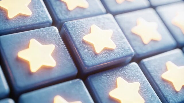 Shifting camera revealing blue tile grid with glowing star icons at studio, creating parallax pulse