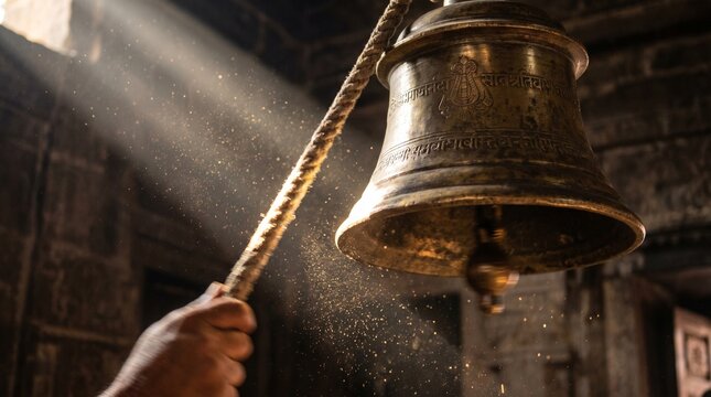 Close-up of a hand pulling a rope to ring a large brass bell inside an ancient Hindu temple with dramatic sunbeams and dust particles