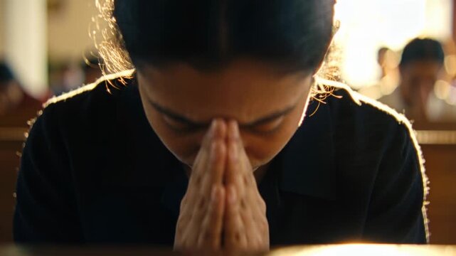 Praying woman in dark collared top lowering head at church, holding clasped hands on wooden pew