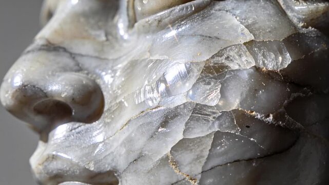 Shifting camera revealing carved stone face catching studio light on cheek, exposing chisel marks