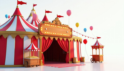 Obraz premium Bright circus tent entrance with popcorn stand and balloons. Red and white stripes, festive lights, and draped curtains create a welcoming atmosphere for a show or event.