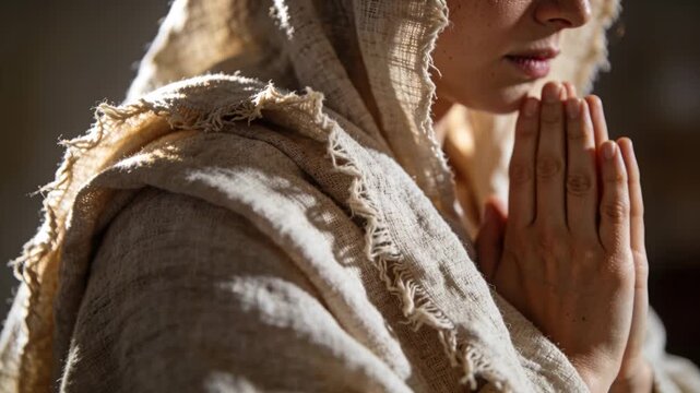 Holding hands in prayer, woman adjusting fingers and bowing head in dim chapel, shawl showing