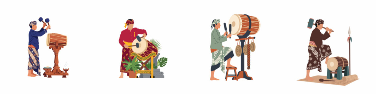 Set of Indonesian Men in Traditional Costumes Playing Traditional Percussion Instruments Like Kendang and Bedug