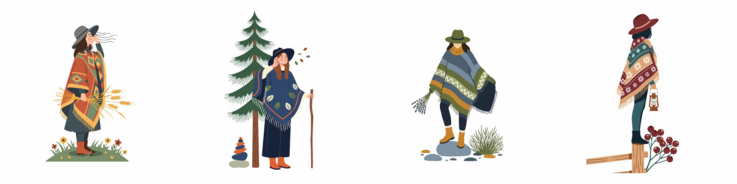 Vector illustration set of women in bohemian style wearing colorful ponchos and hats, depicted in various outdoor nature settings like fields and forests.