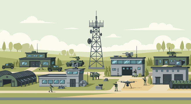 Military base illustration with vehicles, soldiers, and communication tower