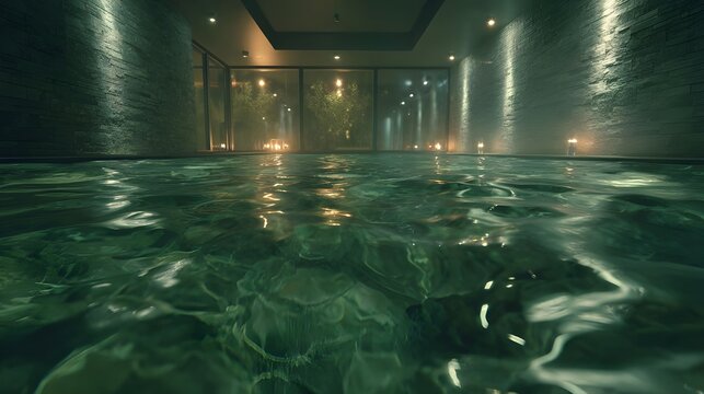 Ultra realistic view of floating calmly in jade-colored spa water at night, camera placed right above the water surface with clear water line, soft ripples and soft reflections in the foreground