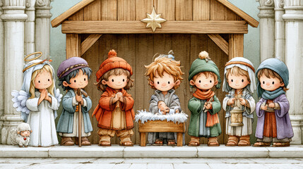 Naklejka premium Cute nativity scene with children dressed as angel, shepherds, and baby in manger, joyful holiday celebration in warm colors watercolor style