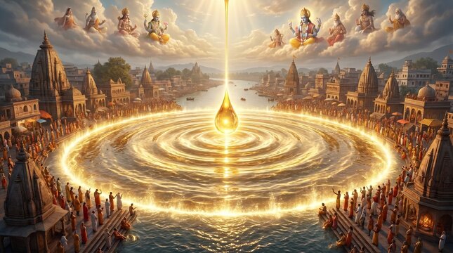 Conceptual illustration of a divine golden drop falling into the sacred Ganges river with Hindu deities in the clouds and devotees on the ghats