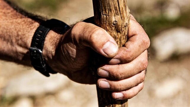 Tightening adult hands holding walking stick on sunlit rocky ground for balance, showing watch