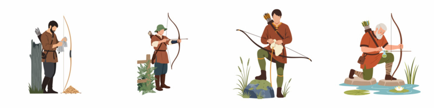 Set of medieval archer characters in traditional clothing, featuring hunters and warriors with bows and arrows in various outdoor settings.