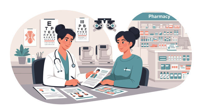 Doctor and patient discussing medical results at desk in clinic.