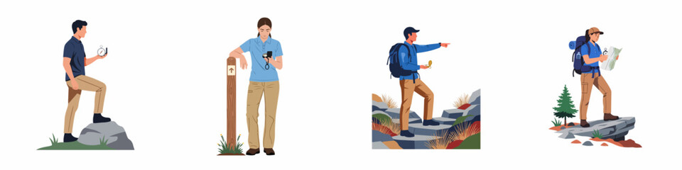 Set of diverse hikers navigating wilderness trails using compasses and maps for outdoor adventure and exploration. © Muqodimatul