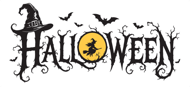 Halloween horizontal banner with vector logo. The inscription with ominous tree branches, bats and a pretty witch on a background of the full moon.