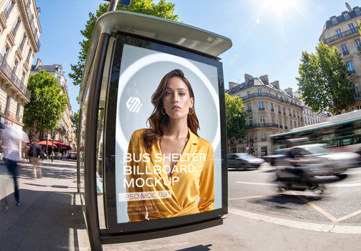 Billboard Bus Stop In European City Mockup &ndash; Wide Angle Fisheye View